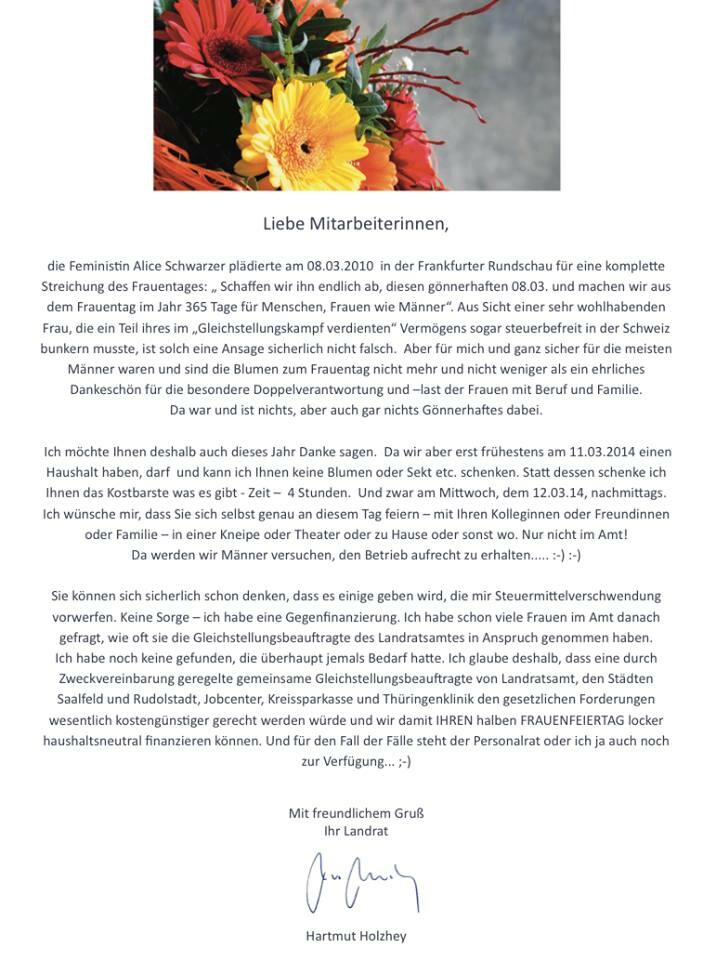 Brief des Landrates des Landkreises Saalfeld/Rudolstadt Hartmut Holzhey an seine Mitarbeiterinnen im Landratsamt bezüglich des anstehenden Frauentages