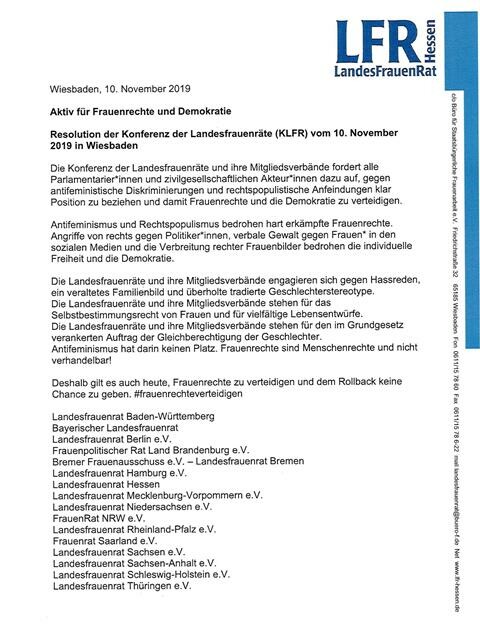 Resolution der Konferenz der Landesfrauenräte (KLFR) vom 10. November 2019 in Wiesbaden
