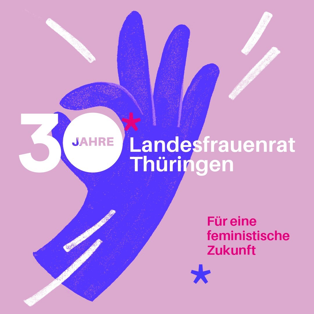 Grafik mit Handzeichen für okay, aus 0 und 3 bestehend, Text „30 Jahre* Landesfrauenrat Thüringen, für eine feministische Zukunft“, Maria Gottweiss